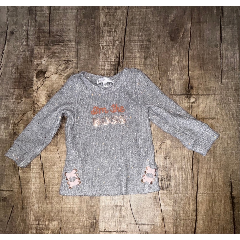 Nannette Baby Girls Gray Rose Gold Im The Boss Ribbed Sweater 12M Long Sleeve